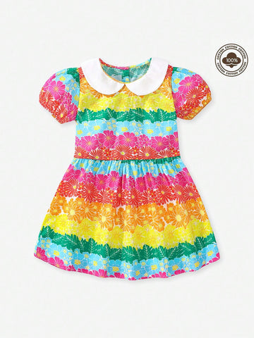 Young Girl Floral Print Doll Collar Short Bubble Sleeve Princess Dress, Summer Casual Cute Kids Dress