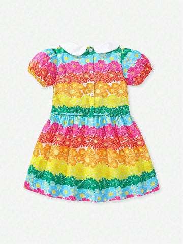 Young Girl Floral Print Doll Collar Short Bubble Sleeve Princess Dress, Summer Casual Cute Kids Dress