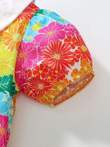 Young Girl Floral Print Doll Collar Short Bubble Sleeve Princess Dress, Summer Casual Cute Kids Dress