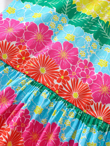 Young Girl Floral Print Doll Collar Short Bubble Sleeve Princess Dress, Summer Casual Cute Kids Dress