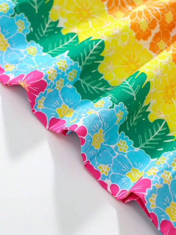 Young Girl Floral Print Doll Collar Short Bubble Sleeve Princess Dress, Summer Casual Cute Kids Dress