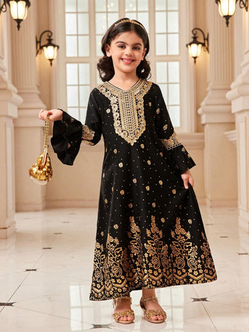 Young Girl Floral Print Flare Sleeve Elegant Dress