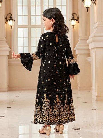 Young Girl Floral Print Flare Sleeve Elegant Dress