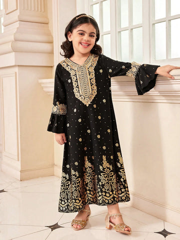 Young Girl Floral Print Flare Sleeve Elegant Dress