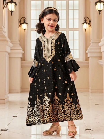 Young Girl Floral Print Flare Sleeve Elegant Dress