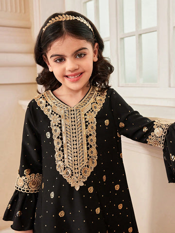 Young Girl Floral Print Flare Sleeve Elegant Dress