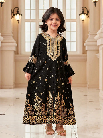 Young Girl Floral Print Flare Sleeve Elegant Dress