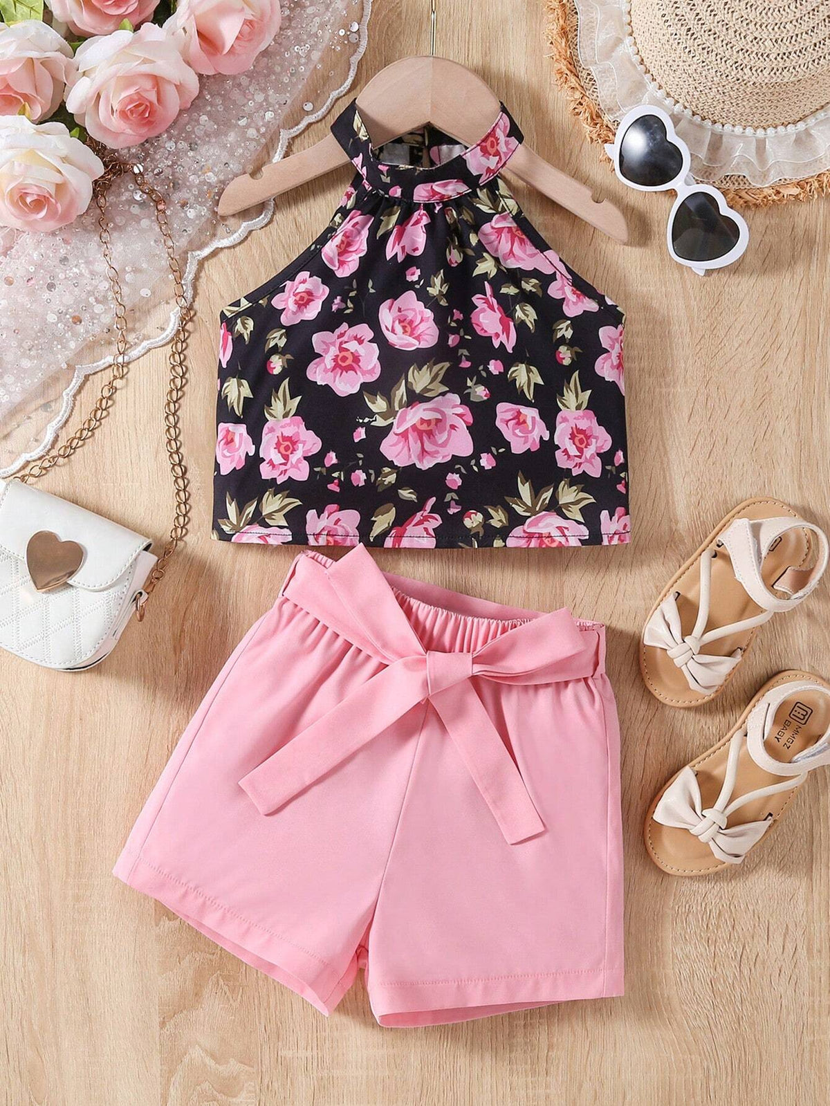 Young Girl Floral Print Halter Neck Vest With Belted Shorts Set, A Romantic And Fashionable Summer Outfit