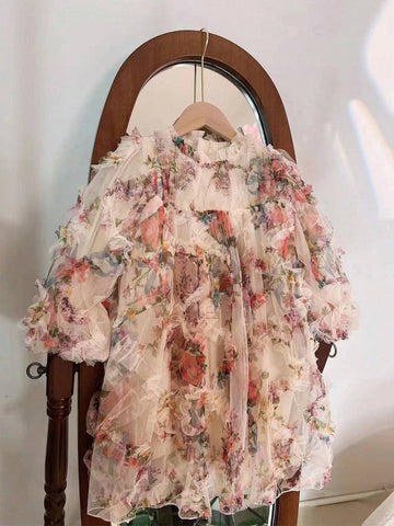 Young Girl Floral Print Lantern Sleeve Ruffle Trim Dress