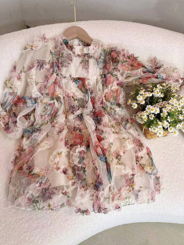 Young Girl Floral Print Lantern Sleeve Ruffle Trim Dress