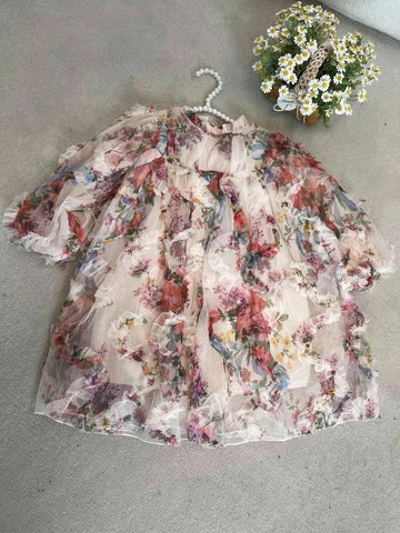 Young Girl Floral Print Lantern Sleeve Ruffle Trim Dress