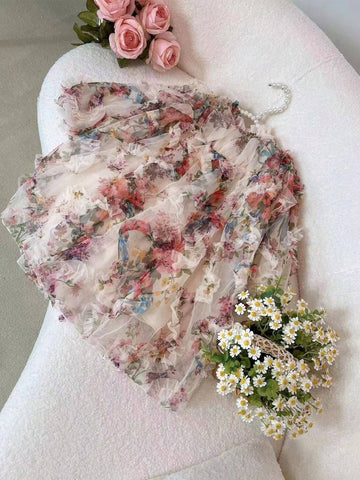 Young Girl Floral Print Lantern Sleeve Ruffle Trim Dress