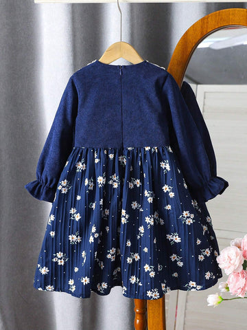 Young Girl Floral Print Long Sleeve Dress