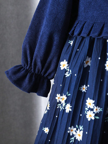 Young Girl Floral Print Long Sleeve Dress