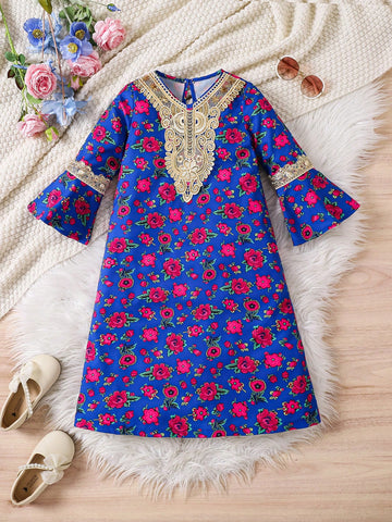 Young Girl Floral Print Minimalist Casual Daily Wear Dress