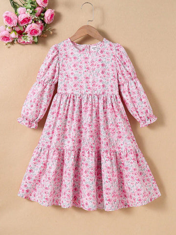 Young Girl Floral Print Patchwork Long Sleeve Round Neck Dress, Cute & Fashionable For Spring/Autumn
