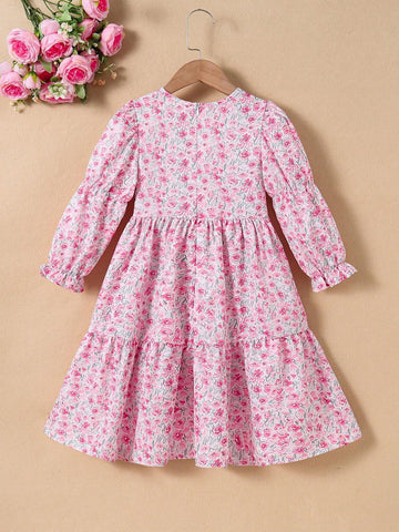 Young Girl Floral Print Patchwork Long Sleeve Round Neck Dress, Cute & Fashionable For Spring/Autumn