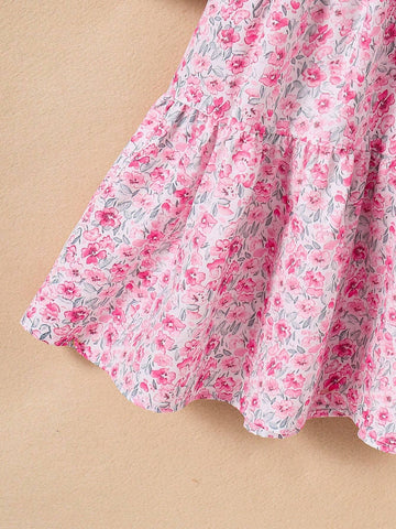 Young Girl Floral Print Patchwork Long Sleeve Round Neck Dress, Cute & Fashionable For Spring/Autumn