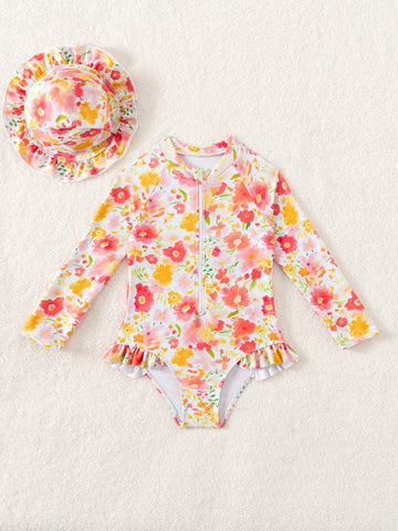 Young Girl Floral Print Patchwork Ruffled One-Piece Swimsuit