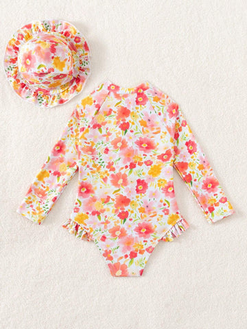 Young Girl Floral Print Patchwork Ruffled One-Piece Swimsuit