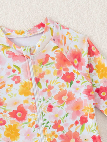 Young Girl Floral Print Patchwork Ruffled One-Piece Swimsuit
