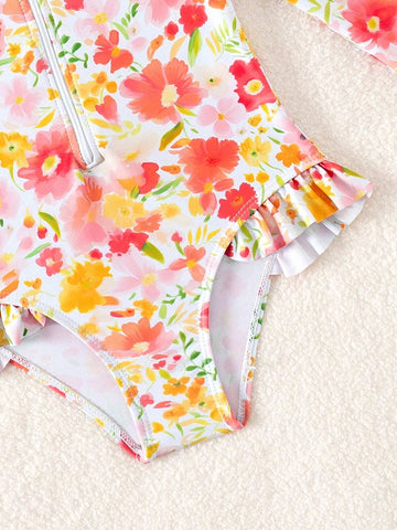 Young Girl Floral Print Patchwork Ruffled One-Piece Swimsuit