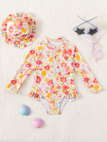 Young Girl Floral Print Patchwork Ruffled One-Piece Swimsuit