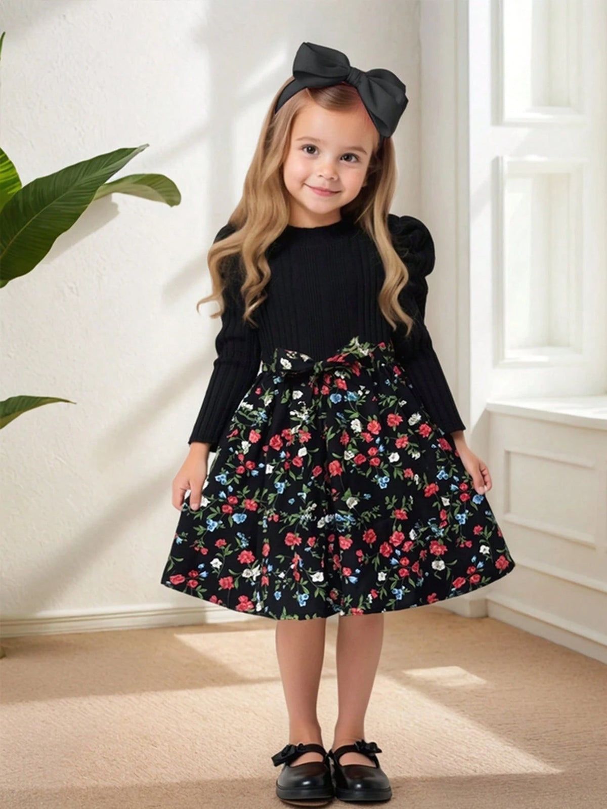 Young Girl Floral Print Puff Sleeve Belted Dress, Cute & Casual & Vintage, Preppy, Great For Casual & Daily Wear