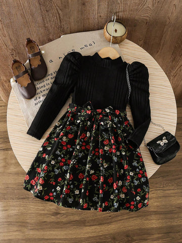 Young Girl Floral Print Puff Sleeve Belted Dress, Cute & Casual & Vintage, Preppy, Great For Casual & Daily Wear