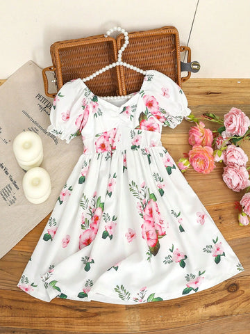 Young Girl Floral Print Puff Sleeve Dress