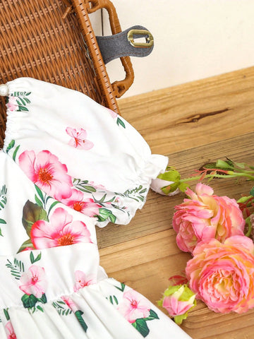 Young Girl Floral Print Puff Sleeve Dress