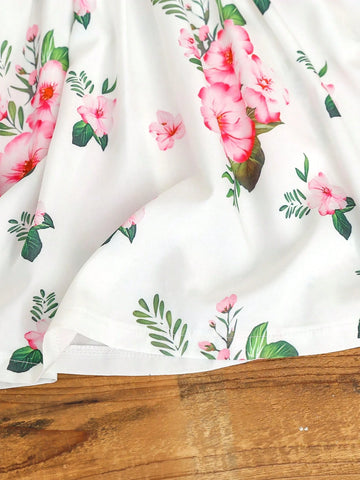 Young Girl Floral Print Puff Sleeve Dress