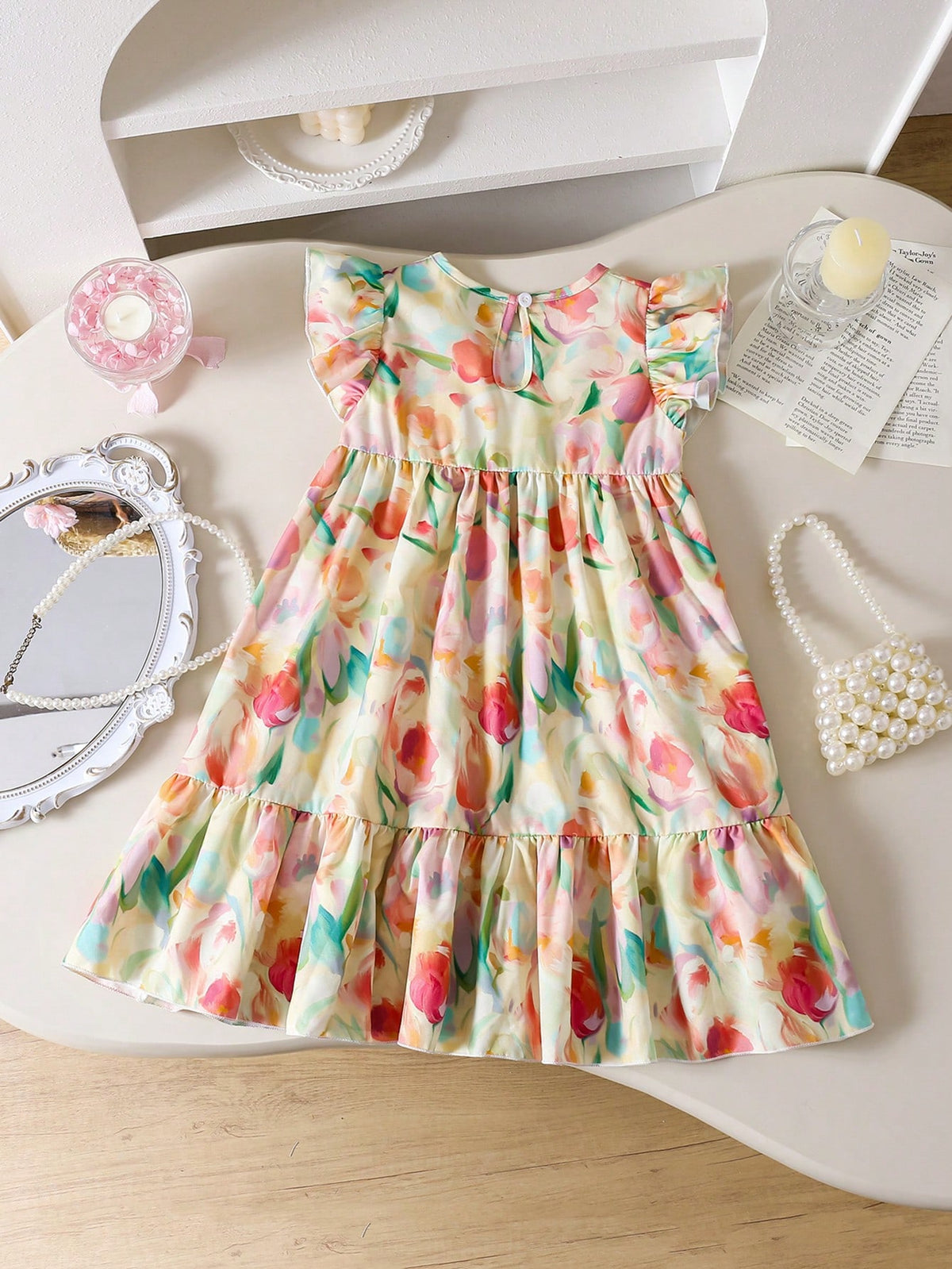 Young Girl Floral Print Round Neck Cap Sleeve Cute Casual Dress