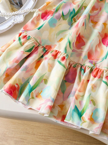 Young Girl Floral Print Round Neck Cap Sleeve Cute Casual Dress