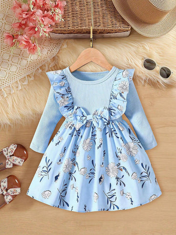 Young Girl Floral Print Ruffle Trim Bow Tie Dress For Fall