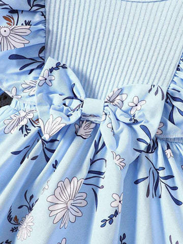 Young Girl Floral Print Ruffle Trim Bow Tie Dress For Fall