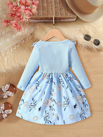 Young Girl Floral Print Ruffle Trim Bow Tie Dress For Fall