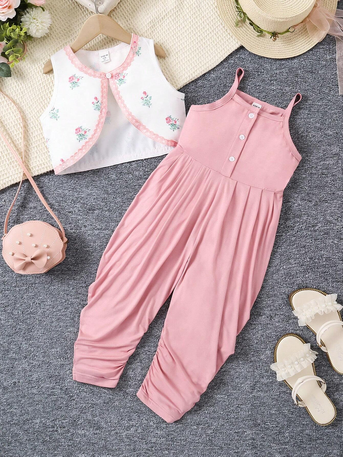 Young Girl Floral Print Short Cardigan With Lace Trim And Ribbon Tie, Matching Spiral-Pattern Jumpsuit Set, 2pcs For Spring And Summer