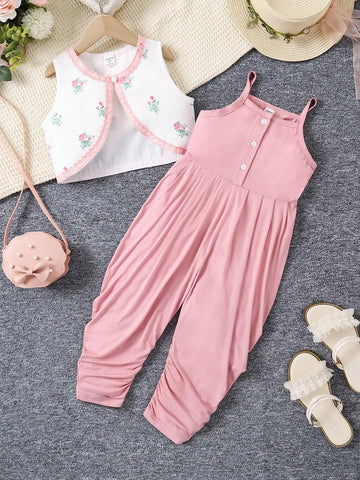 Young Girl Floral Print Short Cardigan With Lace Trim And Ribbon Tie, Matching Spiral-Pattern Jumpsuit Set, 2pcs For Spring And Summer