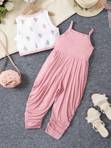 Young Girl Floral Print Short Cardigan With Lace Trim And Ribbon Tie, Matching Spiral-Pattern Jumpsuit Set, 2pcs For Spring And Summer