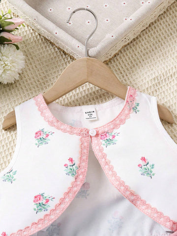 Young Girl Floral Print Short Cardigan With Lace Trim And Ribbon Tie, Matching Spiral-Pattern Jumpsuit Set, 2pcs For Spring And Summer