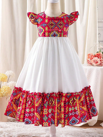 Young Girl Floral Printed Round Neck Lantern Sleeve Long Dress, Suitable For Daily Outing