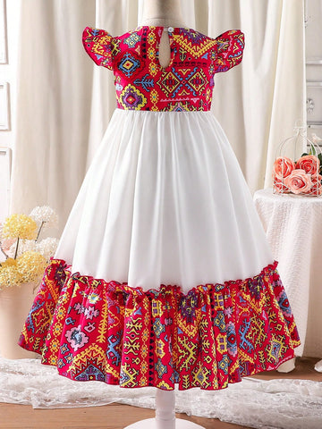 Young Girl Floral Printed Round Neck Lantern Sleeve Long Dress, Suitable For Daily Outing