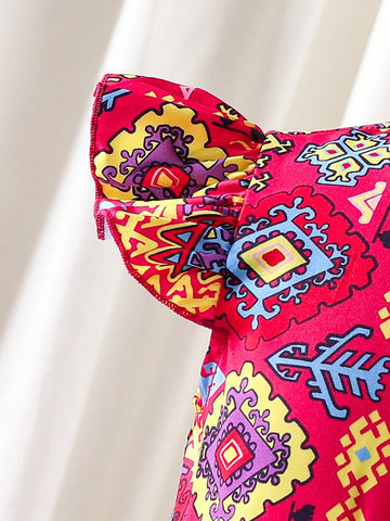 Young Girl Floral Printed Round Neck Lantern Sleeve Long Dress, Suitable For Daily Outing