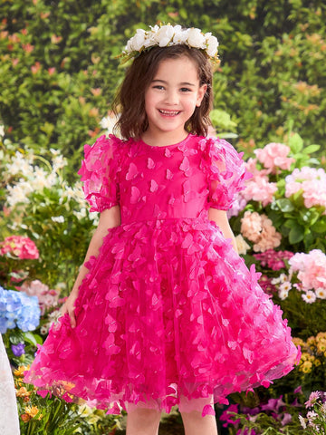 Young Girl Floral Printed Round Neck Puff Sleeve Fitted Dress