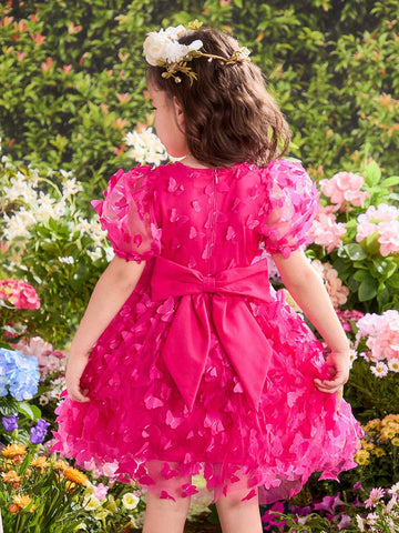 Young Girl Floral Printed Round Neck Puff Sleeve Fitted Dress