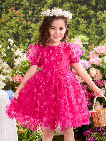 Young Girl Floral Printed Round Neck Puff Sleeve Fitted Dress