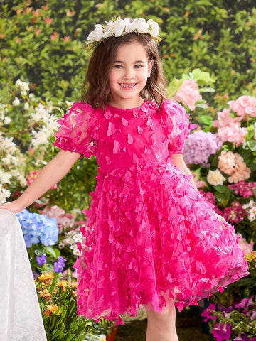 Young Girl Floral Printed Round Neck Puff Sleeve Fitted Dress