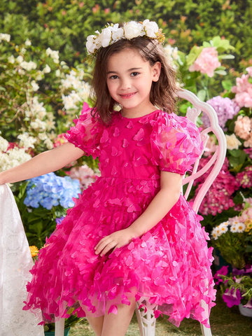 Young Girl Floral Printed Round Neck Puff Sleeve Fitted Dress