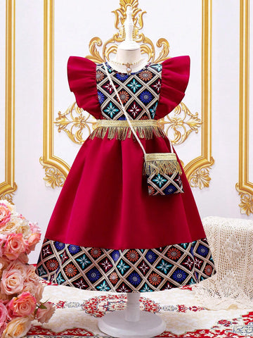 Young Girl Floral Printed Ruffle Armhole Dress With Crossbody Bag Included